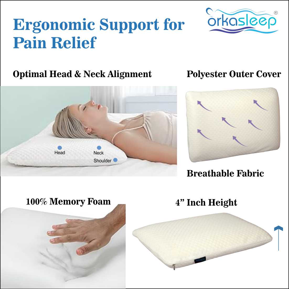 Orkasleep Eco Rectangular Orthopedic Neck Support Pillow for Sleeping,Neck & Shoulder Pain Memory Foam Solid Sleeping Pillow Pack of 1 view 3